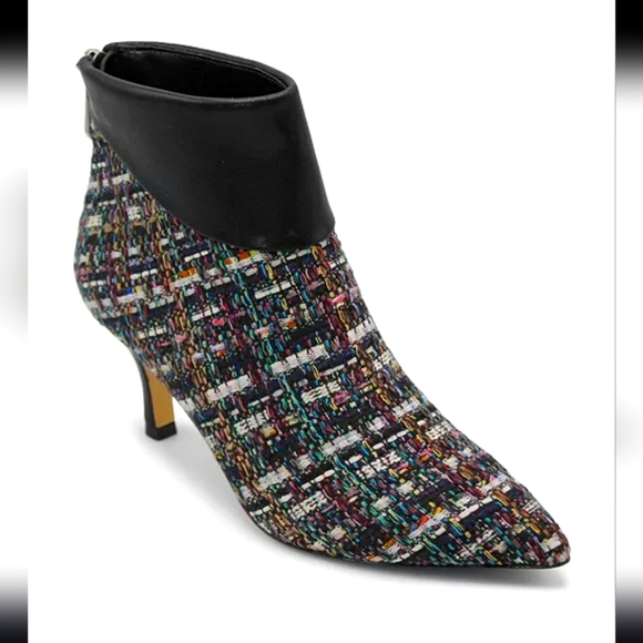 Charles David Alice Ankle Boots 7M Black Multi Tweed Pointed Toe Kitten Heel Zip - Picture 1 of 9